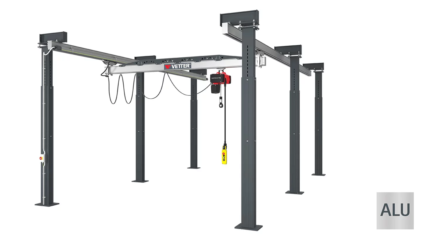 Illustration des ZSP-Ergoline Leichtkransystems mit anthrazitfarbenen St&uuml;tzen und lichtgrauer Br&uuml;cke, bestehend aus 2 Feldern und 6 St&uuml;tzen.